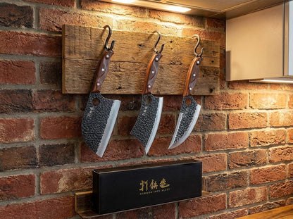 3PCS Butcher Knife Set, 7" Butcher Meat Cleaver, 7" Serbian Chef Knife and 6.5" Viking Knife, Hand Forged Kitchen Knife Set with Plastic Handle, Geat for Home, Camping, BBQ (Unique Finger Hole Design)