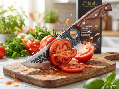 3PCS Butcher Knife Set, 7" Butcher Meat Cleaver, 7" Serbian Chef Knife and 6.5" Viking Knife, Hand Forged Kitchen Knife Set with Plastic Handle, Geat for Home, Camping, BBQ (Unique Finger Hole Design)