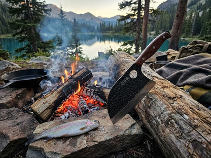 3PCS Butcher Knife Set, 7" Butcher Meat Cleaver, 7" Serbian Chef Knife and 6.5" Viking Knife, Hand Forged Kitchen Knife Set with Plastic Handle, Geat for Home, Camping, BBQ (Unique Finger Hole Design)