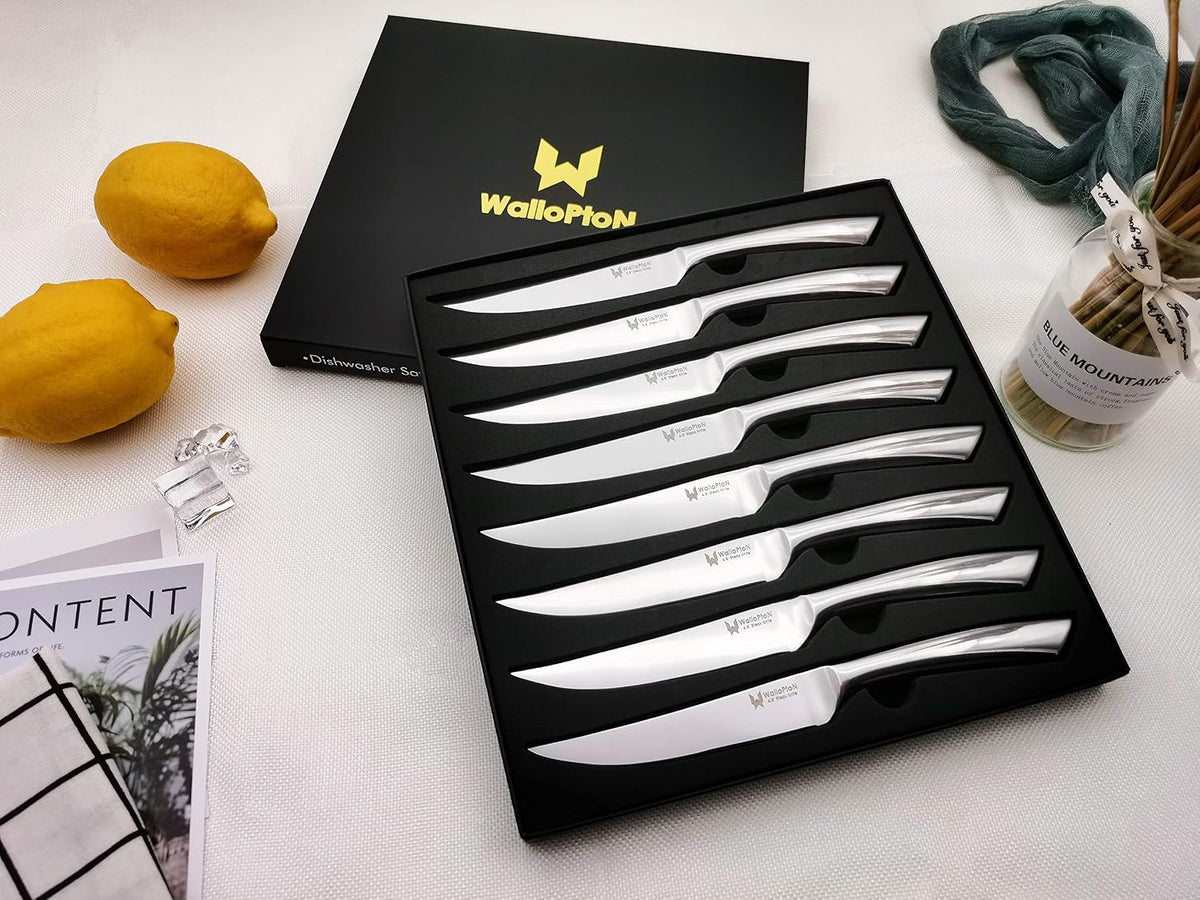 Steak Knives Set of 8 - High Carbon Stainless Steel, Dishwasher Safe - Polished Blade & Handle, Straight Edge - 4.5'' Kitchen Dinner Table Knife Set Non Serrated