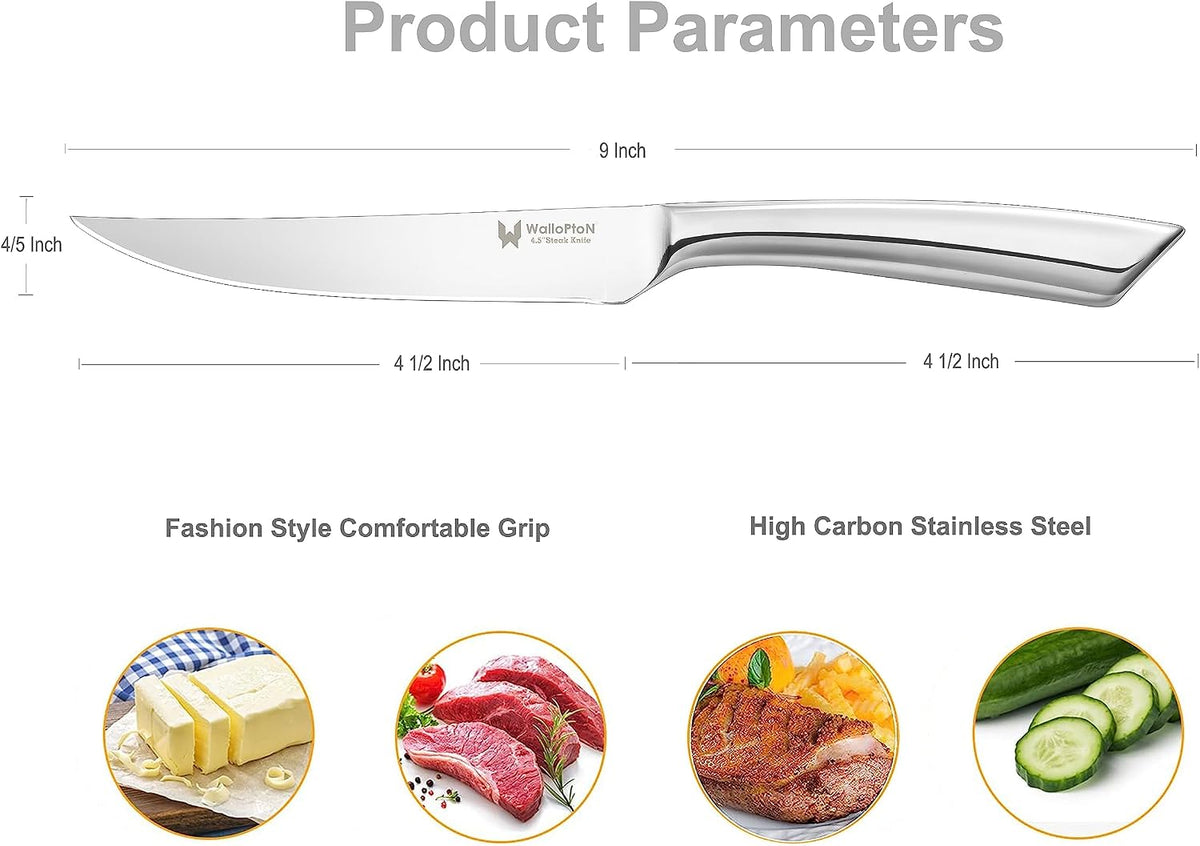Steak Knives Set of 8 - High Carbon Stainless Steel, Dishwasher Safe - Polished Blade & Handle, Straight Edge - 4.5'' Kitchen Dinner Table Knife Set Non Serrated