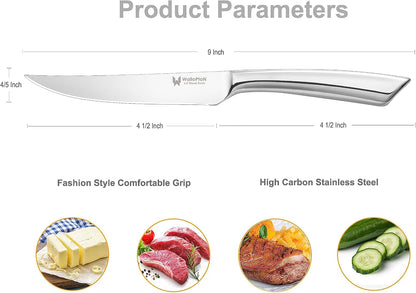 Steak Knives Set of 8 - High Carbon Stainless Steel, Dishwasher Safe - Polished Blade & Handle, Straight Edge - 4.5'' Kitchen Dinner Table Knife Set Non Serrated