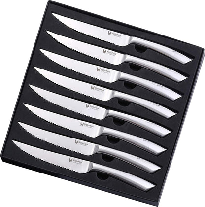 Steak Knives Set of 8 - High Carbon Stainless Steel, Dishwasher Safe - Polished Blade & Handle, Straight Edge - 4.5'' Kitchen Dinner Table Knife Set Non Serrated