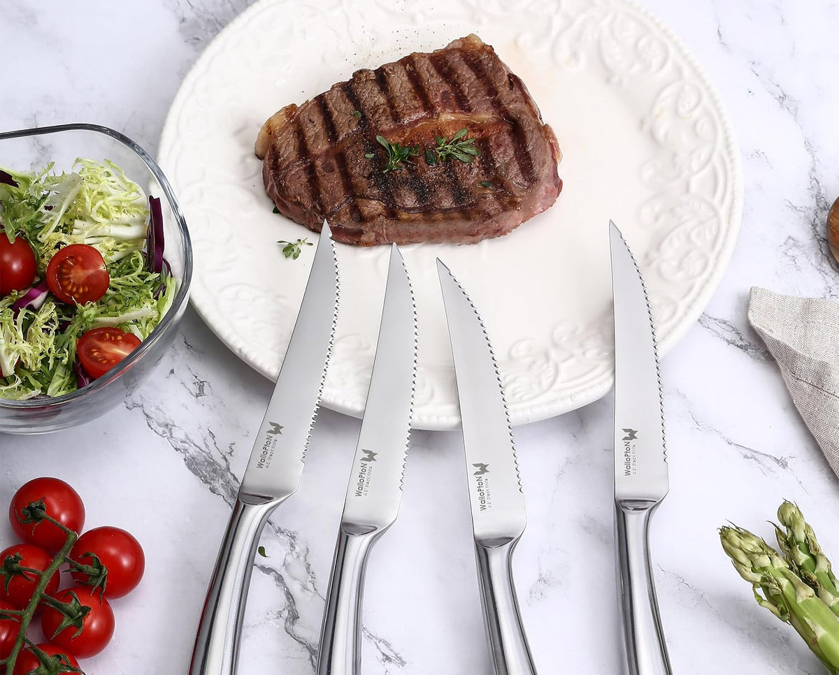 Steak Knives Set of 8 - High Carbon Stainless Steel, Dishwasher Safe - Polished Blade & Handle, Straight Edge - 4.5'' Kitchen Dinner Table Knife Set Non Serrated
