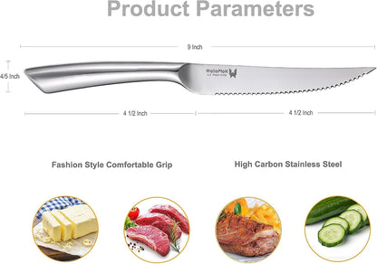 Steak Knives Set of 8 - High Carbon Stainless Steel, Dishwasher Safe - Polished Blade & Handle, Straight Edge - 4.5'' Kitchen Dinner Table Knife Set Non Serrated