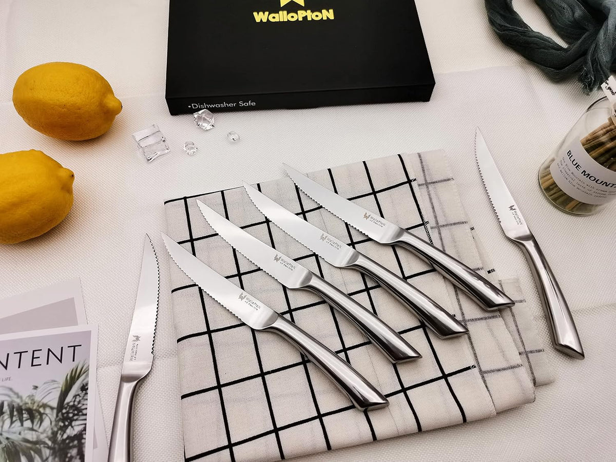 Steak Knives Set of 8 - High Carbon Stainless Steel, Dishwasher Safe - Polished Blade & Handle, Straight Edge - 4.5'' Kitchen Dinner Table Knife Set Non Serrated