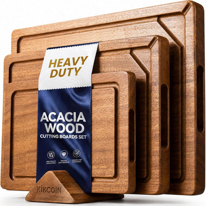 Acacia Wood Cutting Boards for Kitchen, 3 PCS Wooden Cutting Board Set with Holder, Chopping Board with Compartments and Juice Groove, Solid Charcuterie Boards Serving Tray Wood Butcher Block