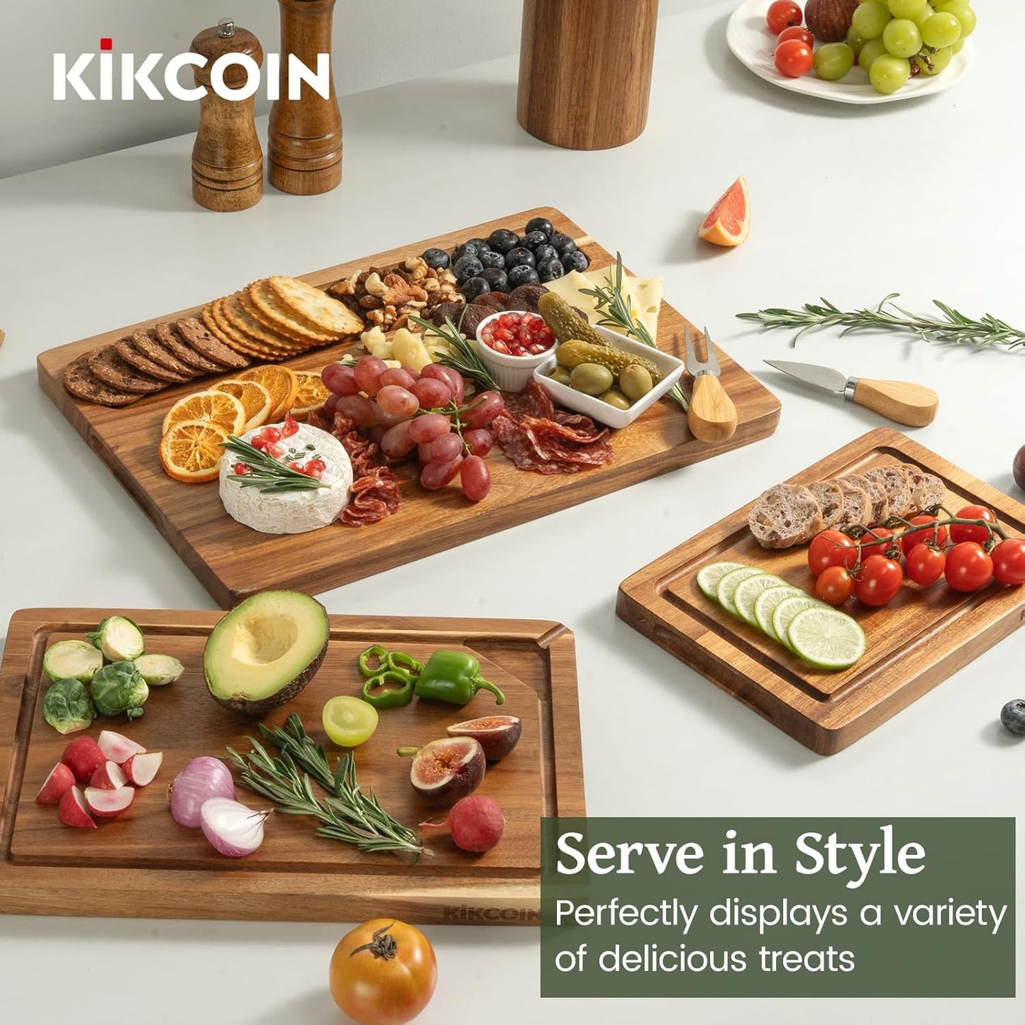 Acacia Wood Cutting Boards for Kitchen, 3 PCS Wooden Cutting Board Set with Holder, Chopping Board with Compartments and Juice Groove, Solid Charcuterie Boards Serving Tray Wood Butcher Block