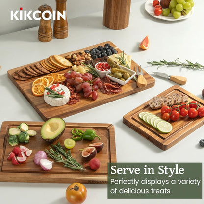 Acacia Wood Cutting Boards for Kitchen, 3 PCS Wooden Cutting Board Set with Holder, Chopping Board with Compartments and Juice Groove, Solid Charcuterie Boards Serving Tray Wood Butcher Block
