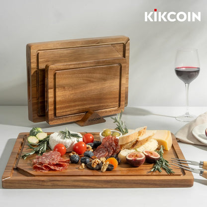 Acacia Wood Cutting Boards for Kitchen, 3 PCS Wooden Cutting Board Set with Holder, Chopping Board with Compartments and Juice Groove, Solid Charcuterie Boards Serving Tray Wood Butcher Block