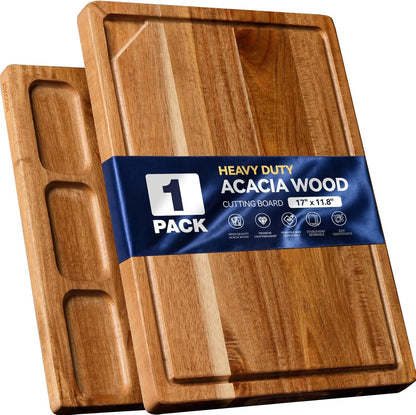 Acacia Wood Cutting Boards for Kitchen, 3 PCS Wooden Cutting Board Set with Holder, Chopping Board with Compartments and Juice Groove, Solid Charcuterie Boards Serving Tray Wood Butcher Block