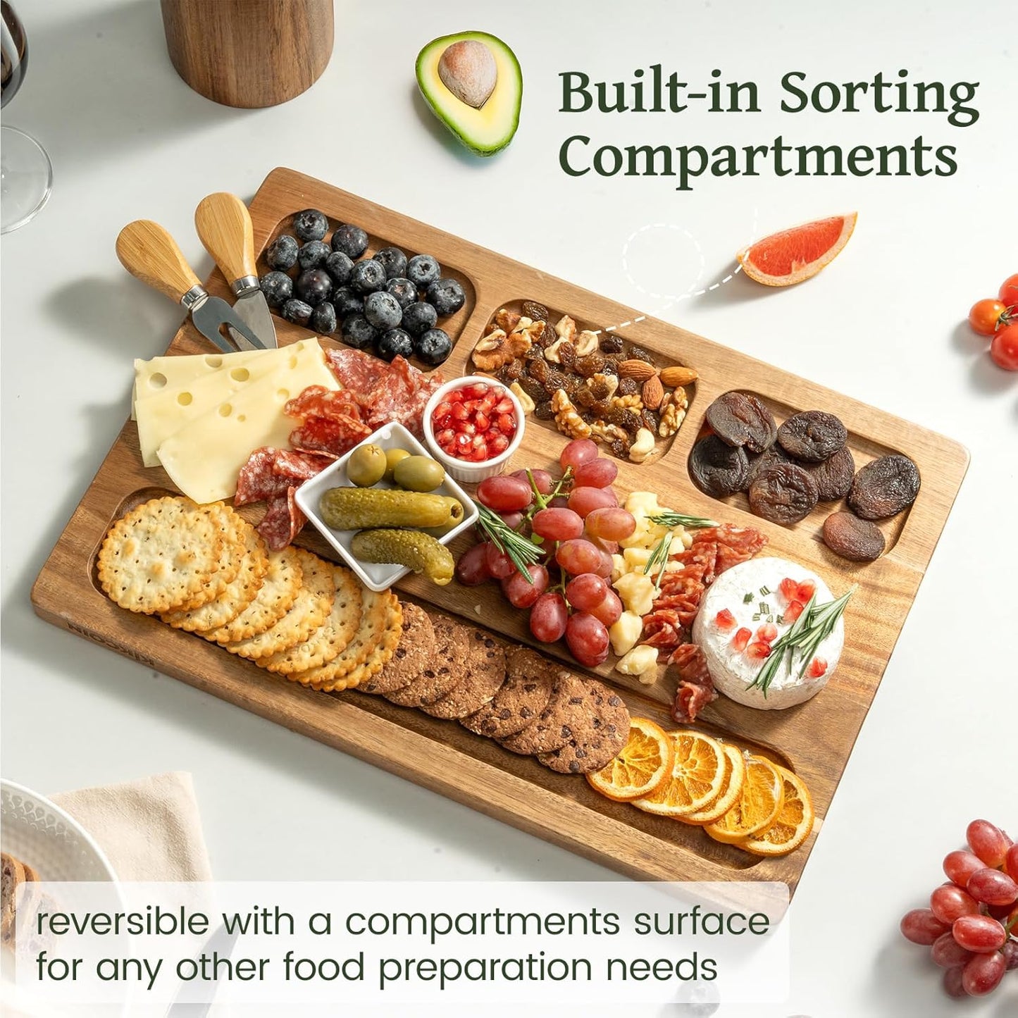 Acacia Wood Cutting Boards for Kitchen, 3 PCS Wooden Cutting Board Set with Holder, Chopping Board with Compartments and Juice Groove, Solid Charcuterie Boards Serving Tray Wood Butcher Block