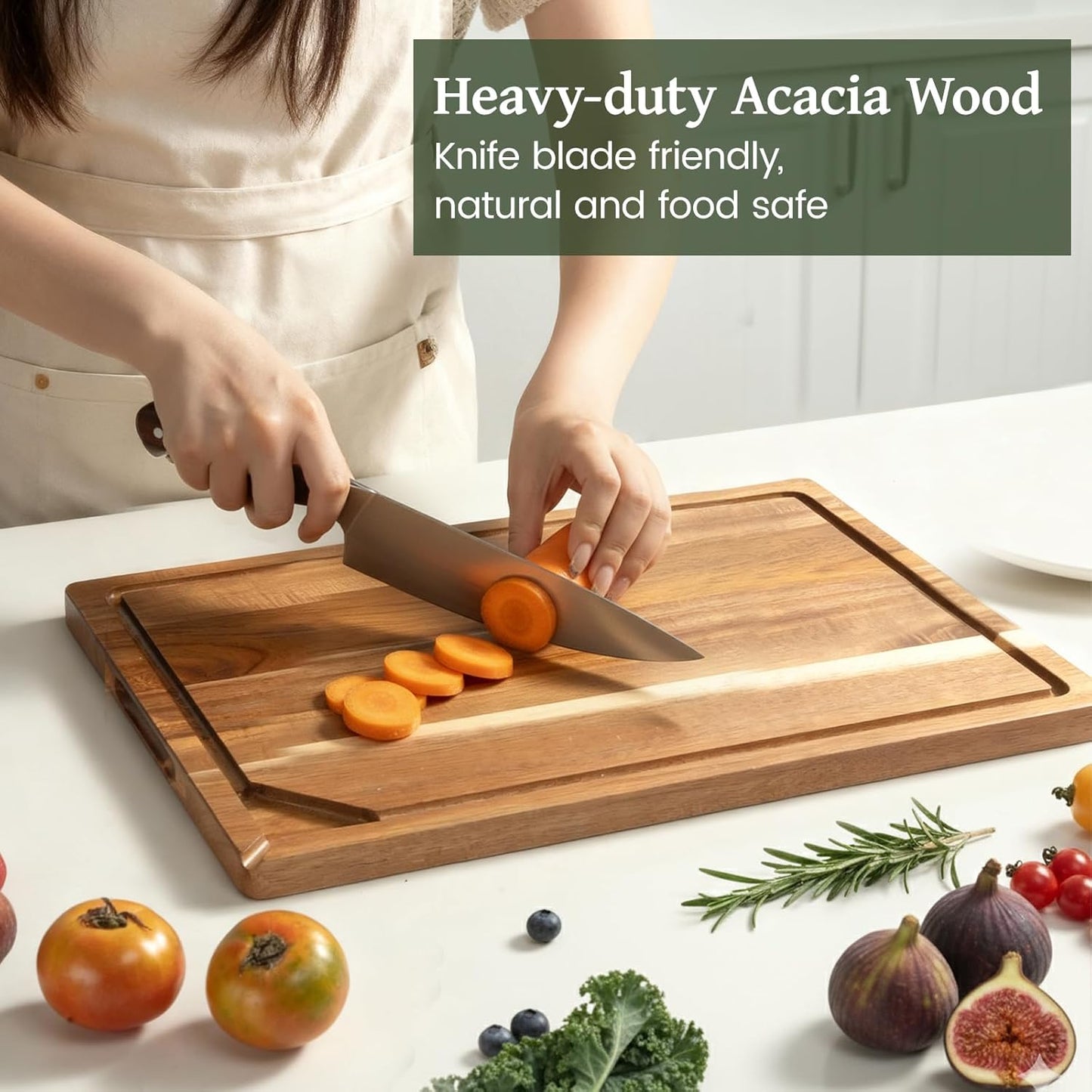 Acacia Wood Cutting Boards for Kitchen, 3 PCS Wooden Cutting Board Set with Holder, Chopping Board with Compartments and Juice Groove, Solid Charcuterie Boards Serving Tray Wood Butcher Block