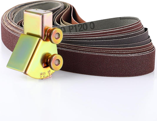 12 Pack 1 x 30 Sanding Belts with Adjustable Knife Angle Guide | 12 assorted belts,For 1 x 30 belt sanders,10-45 degree angles,Adjustable knife angle guide,Into Belt