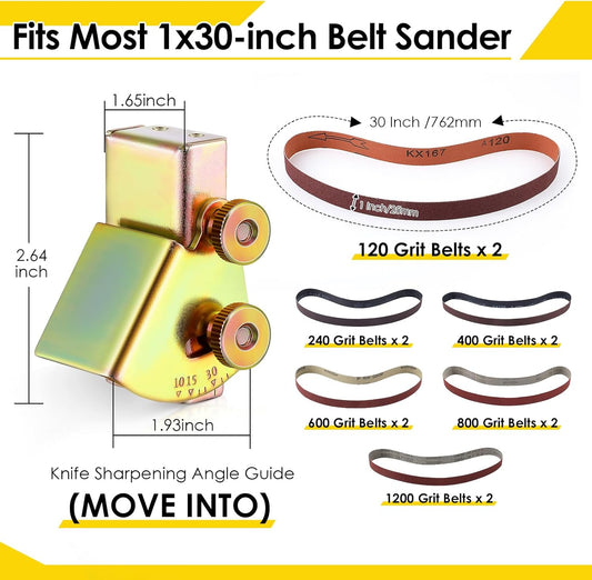 12 Pack 1 x 30 Sanding Belts with Adjustable Knife Angle Guide | 12 assorted belts,For 1 x 30 belt sanders,10-45 degree angles,Adjustable knife angle guide,Into Belt