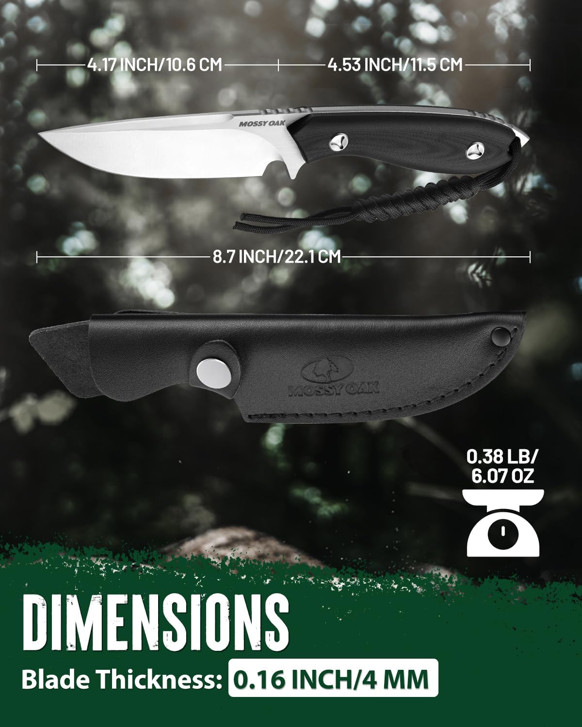 8.75 Inch Fixed Blade Knife with Leather Sheath | Full Tang Outdoor Camping Knife, G10 Handle for Bushcraft, Survival, Camping, Hiking