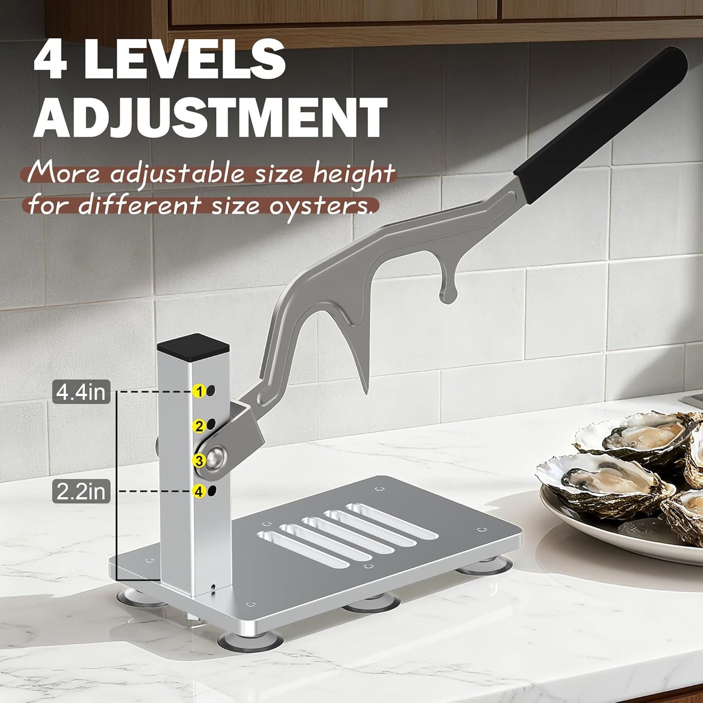 Manual Oyster Shucker Machine, Adjustable Narrow Blade | Oyster Opener Tool with Shucking Knife Blade, 4 Height Levels, Grooved Base and Suction Cups for Home, BBQ, Seafood Prep