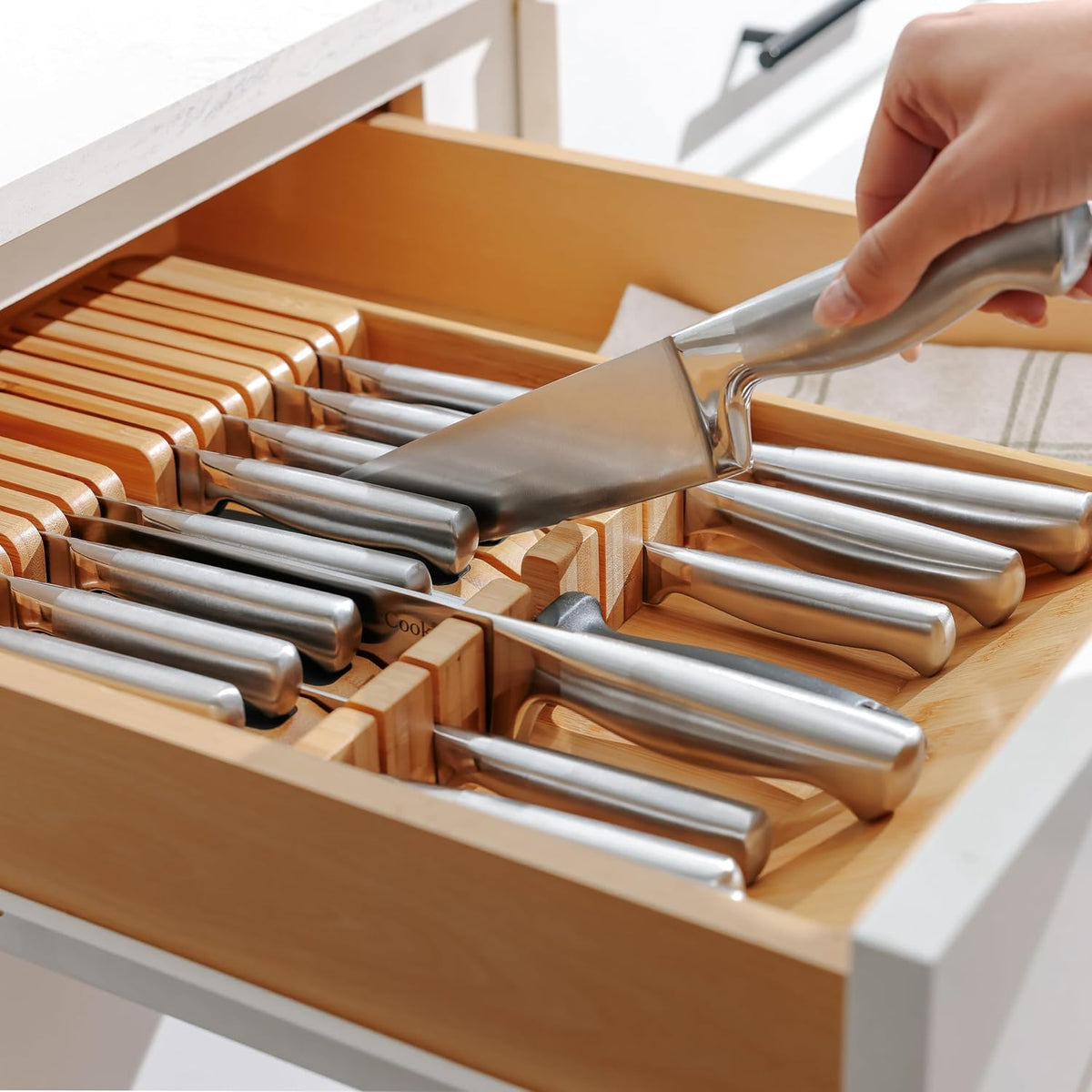 17-Slot Knife Block Drawer Organizer, Bamboo