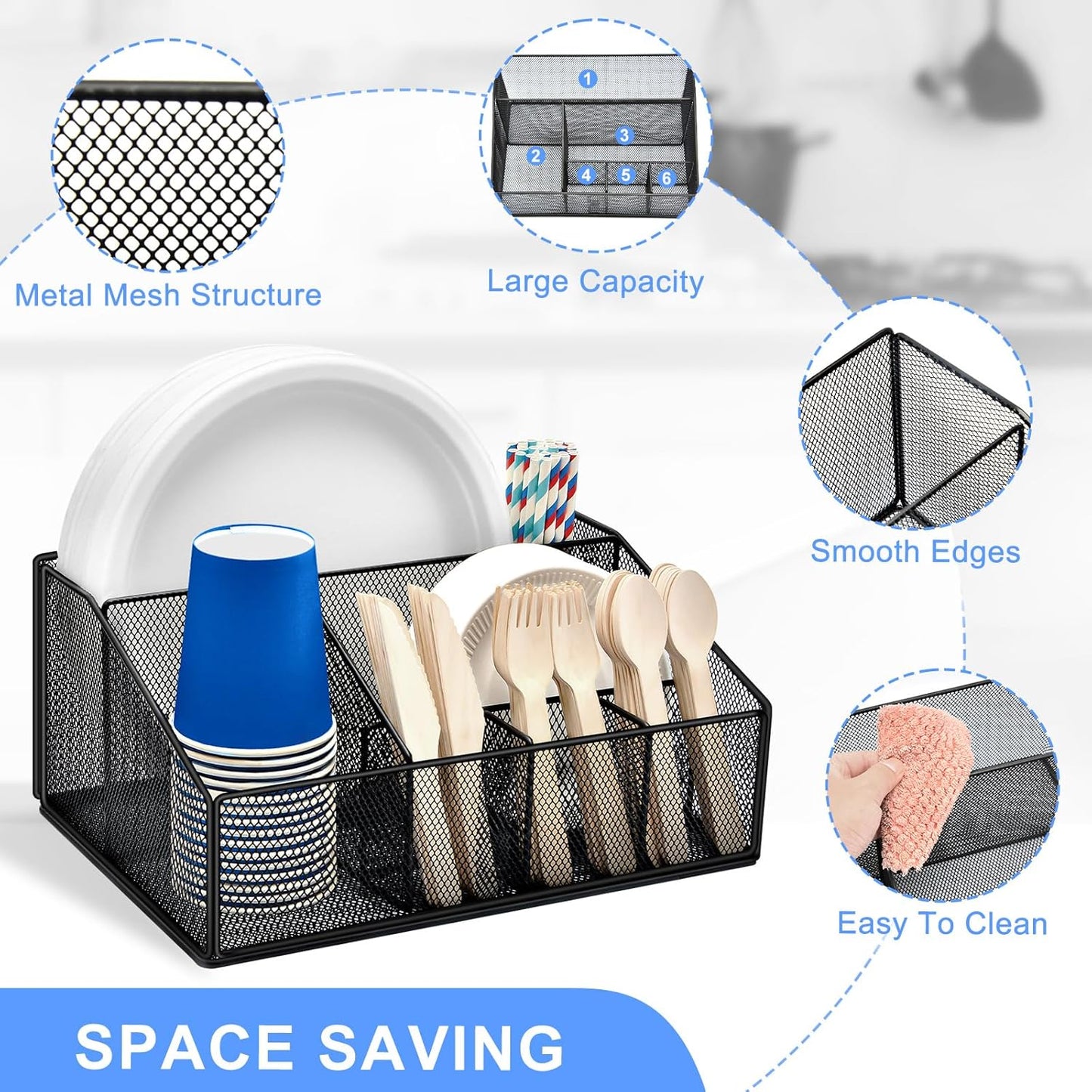 Paper Plate Holder for Countertop,Paper Plate Dispenser,Metal Silverware Caddy with 6 Compartments,Picnic and Camping Utensil Holder for Plates Cups Napkins Forks Knives Spoons-Black