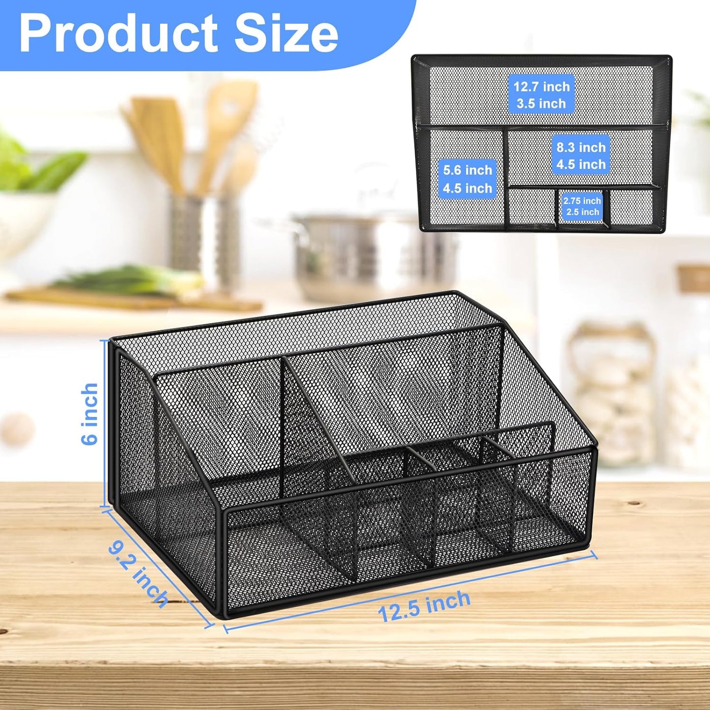 Paper Plate Holder for Countertop,Paper Plate Dispenser,Metal Silverware Caddy with 6 Compartments,Picnic and Camping Utensil Holder for Plates Cups Napkins Forks Knives Spoons-Black