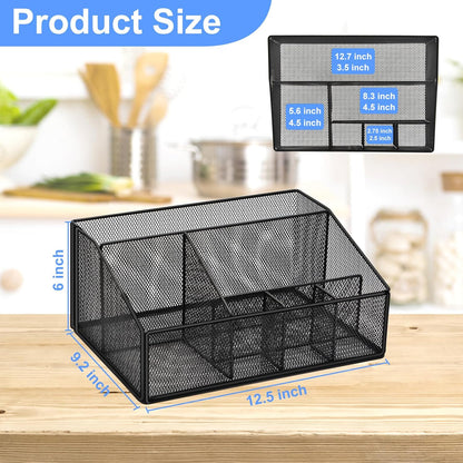 Paper Plate Holder for Countertop,Paper Plate Dispenser,Metal Silverware Caddy with 6 Compartments,Picnic and Camping Utensil Holder for Plates Cups Napkins Forks Knives Spoons-Black