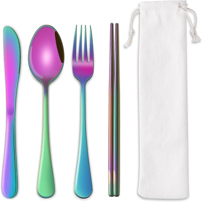 Rainbow Working Lunch Silveware Set,Reusable Travel Utensils Set With Case Includes Stainless Steel Chopsticks Knife Spoon And Fork,Camping Picnic Essentials