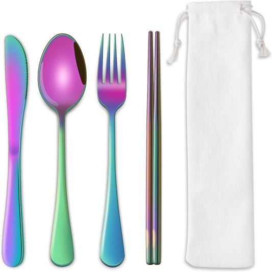 Rainbow Working Lunch Silveware Set,Reusable Travel Utensils Set With Case Includes Stainless Steel Chopsticks Knife Spoon And Fork,Camping Picnic Essentials