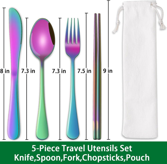 Rainbow Working Lunch Silveware Set,Reusable Travel Utensils Set With Case Includes Stainless Steel Chopsticks Knife Spoon And Fork,Camping Picnic Essentials