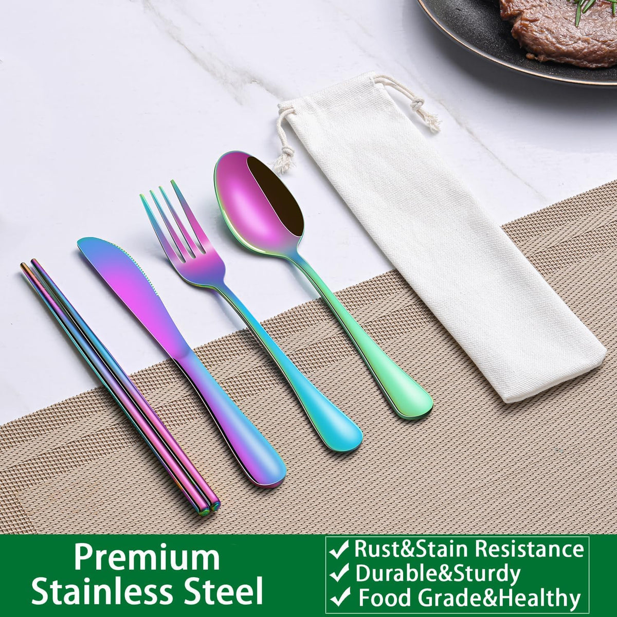 Rainbow Working Lunch Silveware Set,Reusable Travel Utensils Set With Case Includes Stainless Steel Chopsticks Knife Spoon And Fork,Camping Picnic Essentials