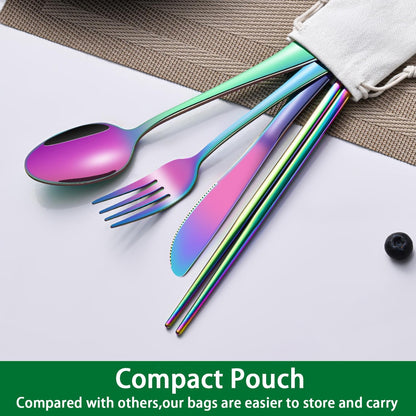Rainbow Working Lunch Silveware Set,Reusable Travel Utensils Set With Case Includes Stainless Steel Chopsticks Knife Spoon And Fork,Camping Picnic Essentials