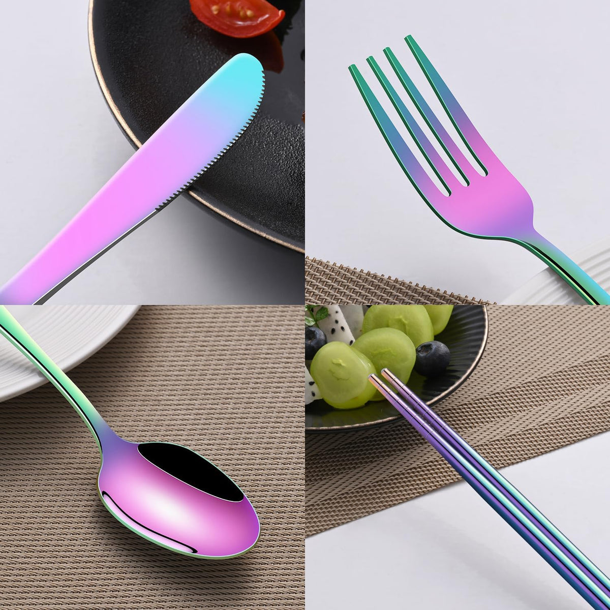 Rainbow Working Lunch Silveware Set,Reusable Travel Utensils Set With Case Includes Stainless Steel Chopsticks Knife Spoon And Fork,Camping Picnic Essentials