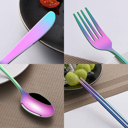 Rainbow Working Lunch Silveware Set,Reusable Travel Utensils Set With Case Includes Stainless Steel Chopsticks Knife Spoon And Fork,Camping Picnic Essentials