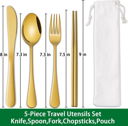 Rainbow Working Lunch Silveware Set,Reusable Travel Utensils Set With Case Includes Stainless Steel Chopsticks Knife Spoon And Fork,Camping Picnic Essentials