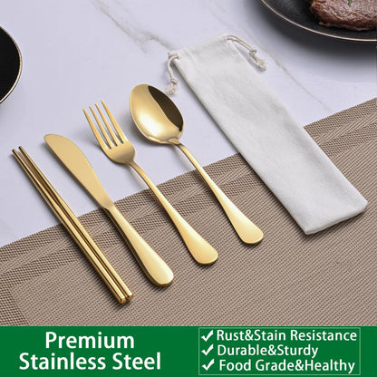 Rainbow Working Lunch Silveware Set,Reusable Travel Utensils Set With Case Includes Stainless Steel Chopsticks Knife Spoon And Fork,Camping Picnic Essentials