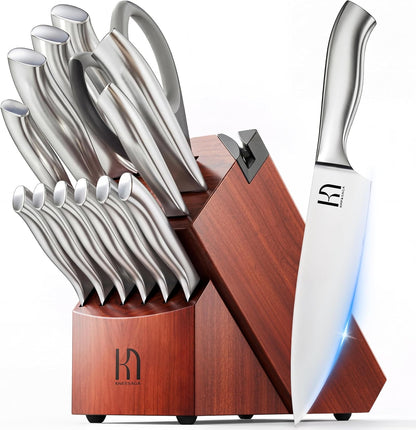 KnifeSaga Kitchen Knife Block Set, Enduring Sharpness Premium Knife Set with Block, 14 Pcs Japanese High Carbon Stainless Steel Knives Set for Kitchen, Chef Knife Set with Block and Built in Sharpener
