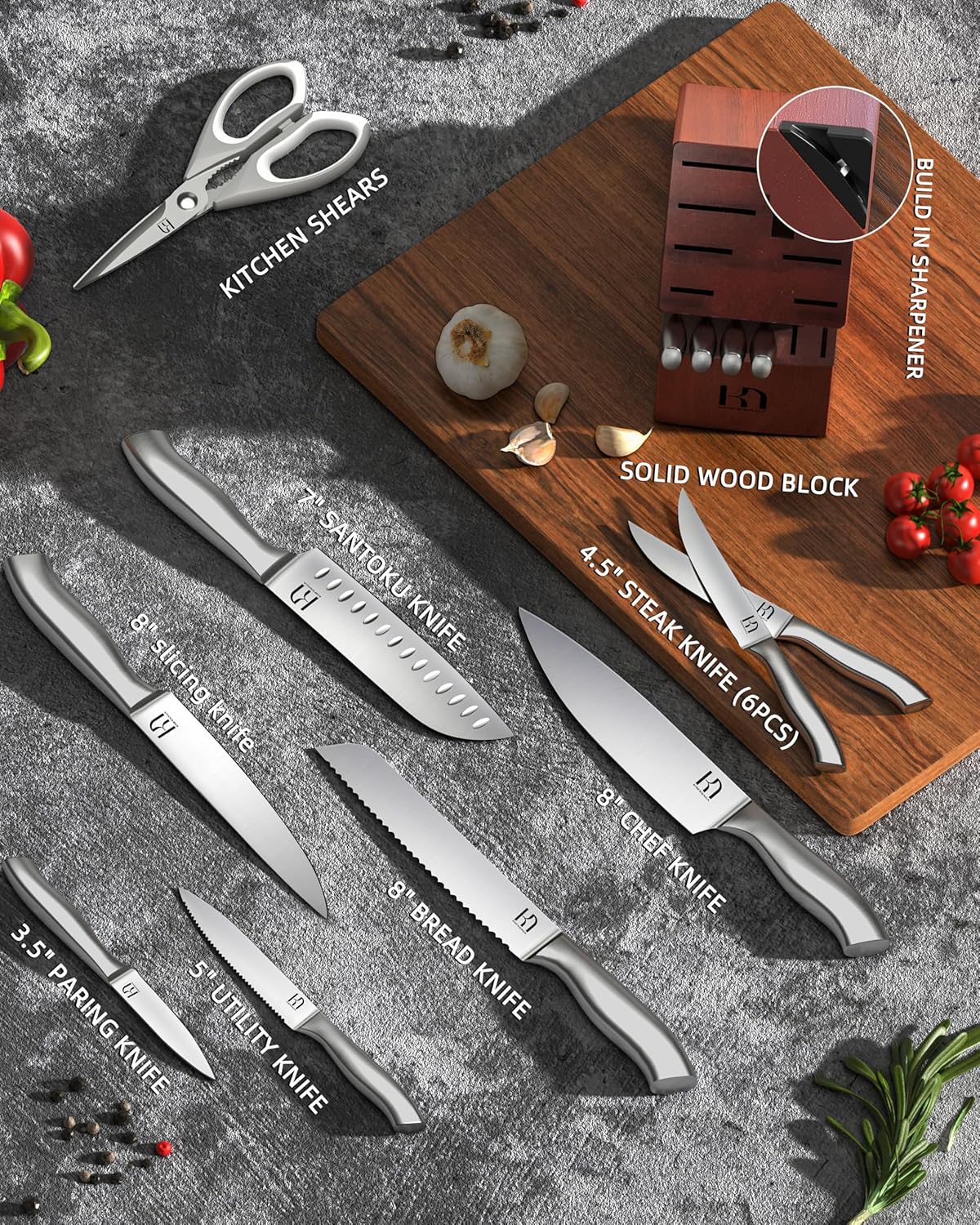 KnifeSaga Kitchen Knife Block Set, Enduring Sharpness Premium Knife Set with Block, 14 Pcs Japanese High Carbon Stainless Steel Knives Set for Kitchen, Chef Knife Set with Block and Built in Sharpener