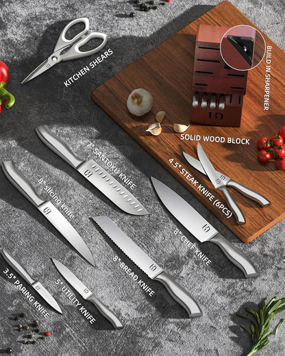 KnifeSaga Kitchen Knife Block Set, Enduring Sharpness Premium Knife Set with Block, 14 Pcs Japanese High Carbon Stainless Steel Knives Set for Kitchen, Chef Knife Set with Block and Built in Sharpener