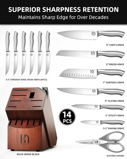 KnifeSaga Kitchen Knife Block Set, Enduring Sharpness Premium Knife Set with Block, 14 Pcs Japanese High Carbon Stainless Steel Knives Set for Kitchen, Chef Knife Set with Block and Built in Sharpener