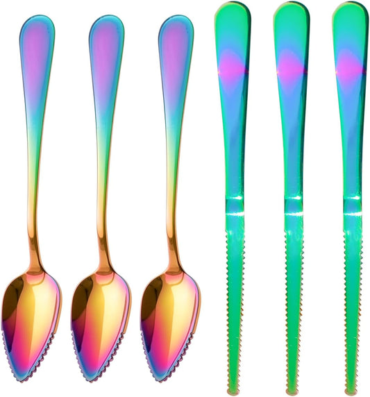 6PCS Grapefruit Spoons and Grapefruit Knife Set with Serrated Edge Stainless Steel Citrus Utensils for Orange Lemon Kiwi Fruit Salad Melon Pitaya Apple Puree Rainbow