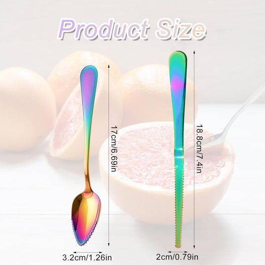 6PCS Grapefruit Spoons and Grapefruit Knife Set with Serrated Edge Stainless Steel Citrus Utensils for Orange Lemon Kiwi Fruit Salad Melon Pitaya Apple Puree Rainbow