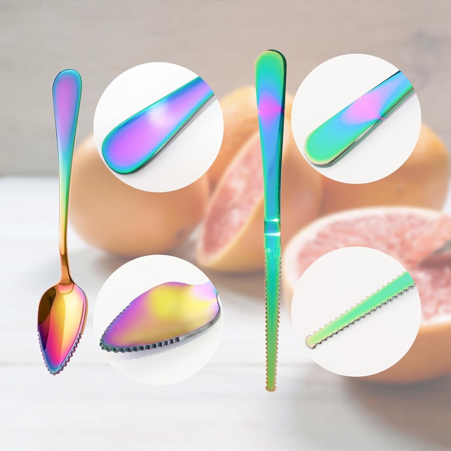 6PCS Grapefruit Spoons and Grapefruit Knife Set with Serrated Edge Stainless Steel Citrus Utensils for Orange Lemon Kiwi Fruit Salad Melon Pitaya Apple Puree Rainbow