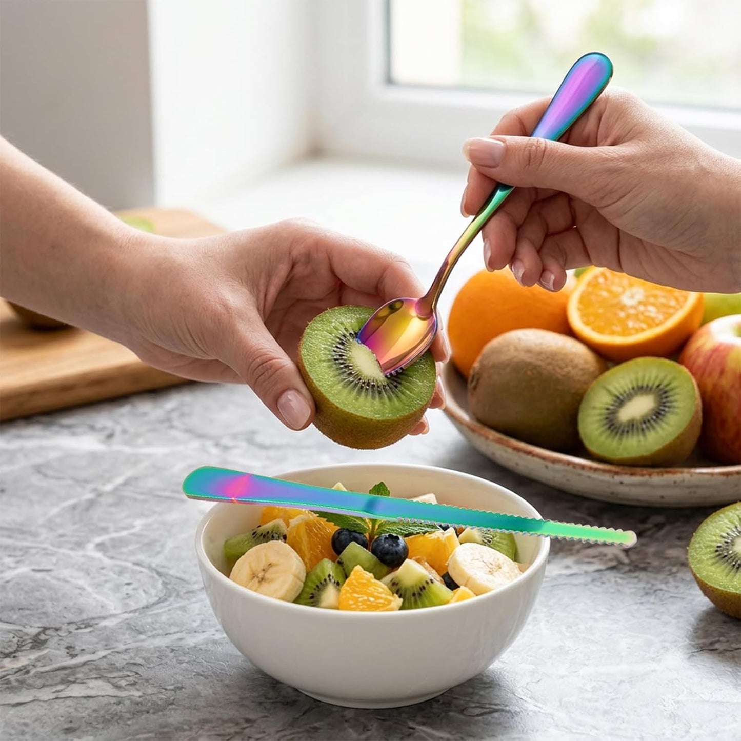 6PCS Grapefruit Spoons and Grapefruit Knife Set with Serrated Edge Stainless Steel Citrus Utensils for Orange Lemon Kiwi Fruit Salad Melon Pitaya Apple Puree Rainbow