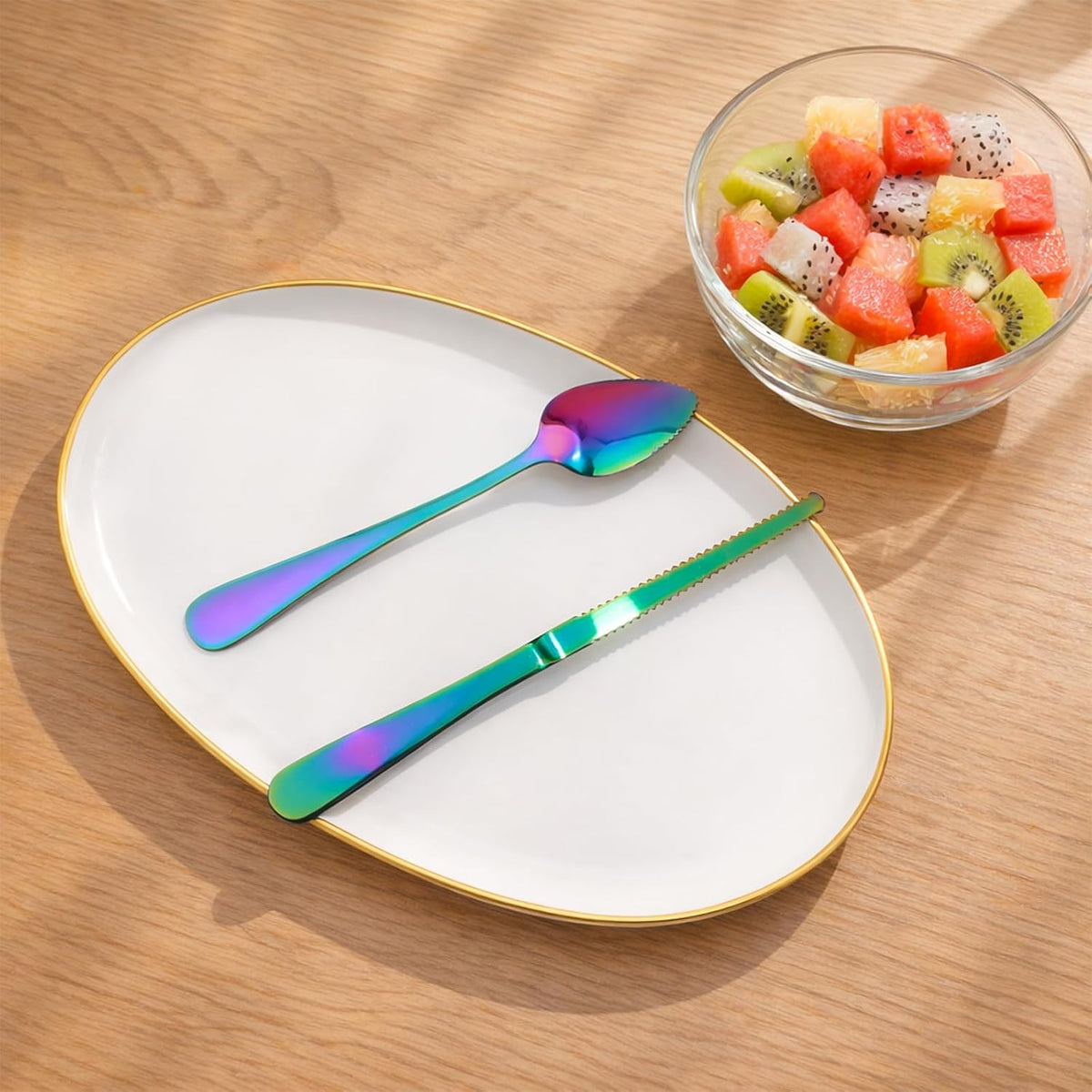 6PCS Grapefruit Spoons and Grapefruit Knife Set with Serrated Edge Stainless Steel Citrus Utensils for Orange Lemon Kiwi Fruit Salad Melon Pitaya Apple Puree Rainbow