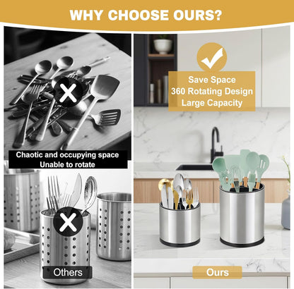 2Pack Kitchen Utensil Holder Set - 360° Rotating Stainless Steel Large Cooking Utensil Stand for Counter, 3 Compartment Flatware Caddy with Removable Base for Knife, Fork & Spoon Organizer - Sliver
