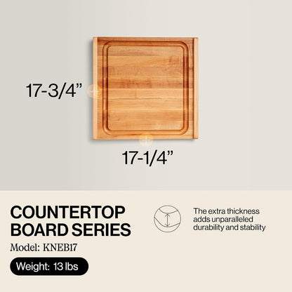 Countertop Series Rectangular Wooden Maple Cutting Board 17.75”x17.25” – 1.25” Thick, 13-lb Reversible Butcher Block with Juice Groove, Counter Lip & Edge-Grain – Made in the USA