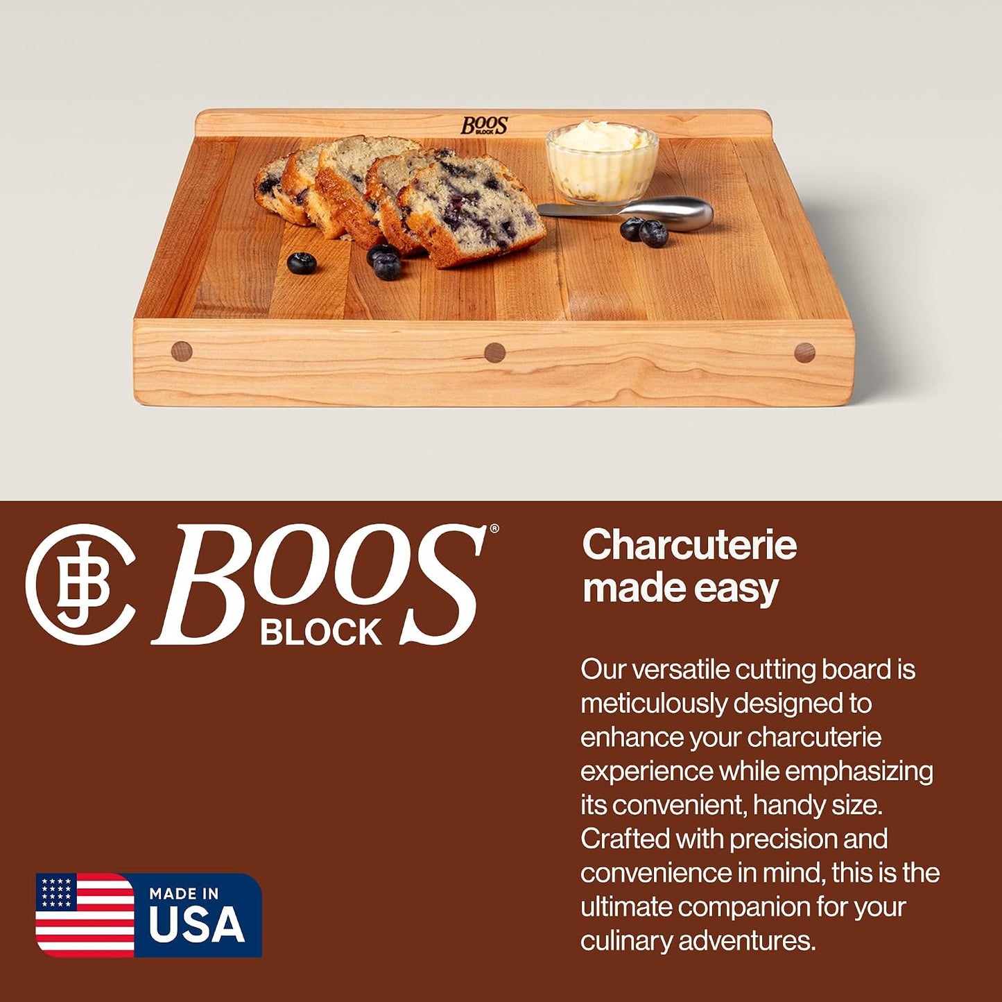 Countertop Series Rectangular Wooden Maple Cutting Board 17.75”x17.25” – 1.25” Thick, 13-lb Reversible Butcher Block with Juice Groove, Counter Lip & Edge-Grain – Made in the USA