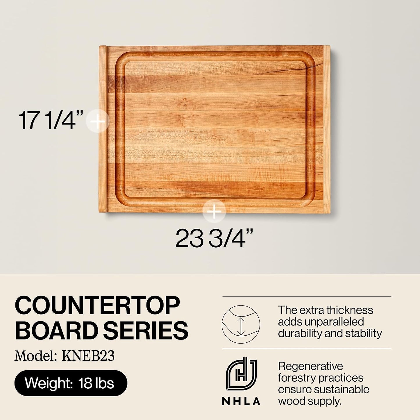 Countertop Series Rectangular Wooden Maple Cutting Board 17.75”x17.25” – 1.25” Thick, 13-lb Reversible Butcher Block with Juice Groove, Counter Lip & Edge-Grain – Made in the USA