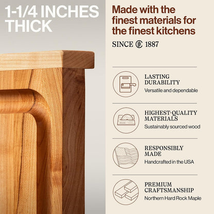 Countertop Series Rectangular Wooden Maple Cutting Board 17.75”x17.25” – 1.25” Thick, 13-lb Reversible Butcher Block with Juice Groove, Counter Lip & Edge-Grain – Made in the USA