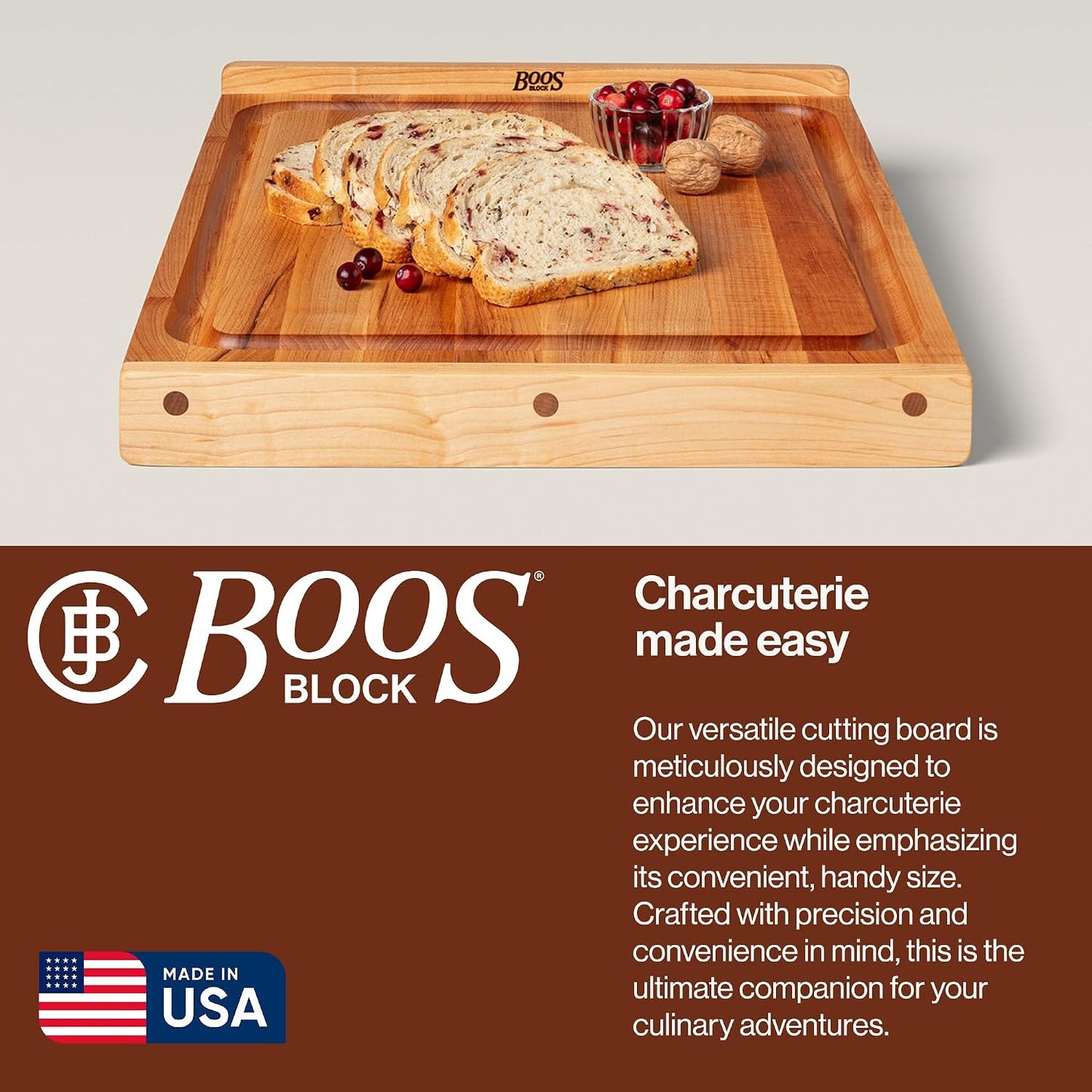Countertop Series Rectangular Wooden Maple Cutting Board 17.75”x17.25” – 1.25” Thick, 13-lb Reversible Butcher Block with Juice Groove, Counter Lip & Edge-Grain – Made in the USA