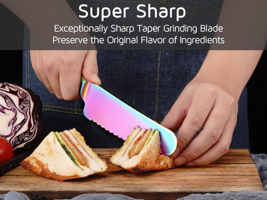 Sandwich Knife, 6 inch Serrated Utility Knife High Carbon Stainless Steel Blade for Bread Vegetable Meat Cutting, Butter Spreader Knife - Rainbow